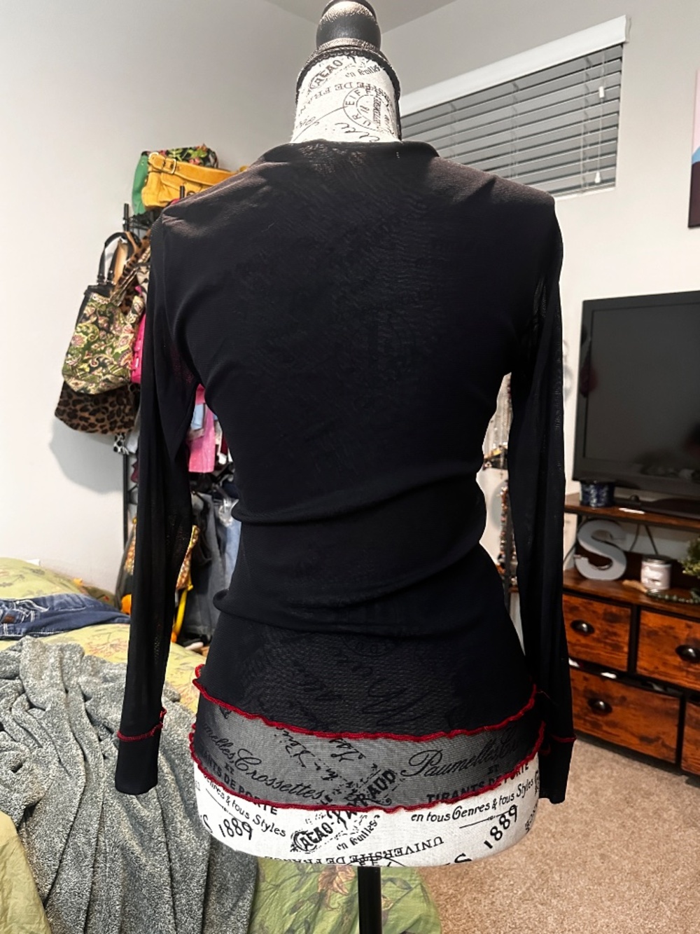 Black double layer mesh euro long sleeve top with red trim and intentional threa - Picture 6 of 9